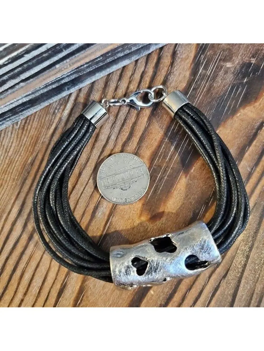 Avant Garde Silver Black Statement Bracelet Cutout Geometric Black Cotton